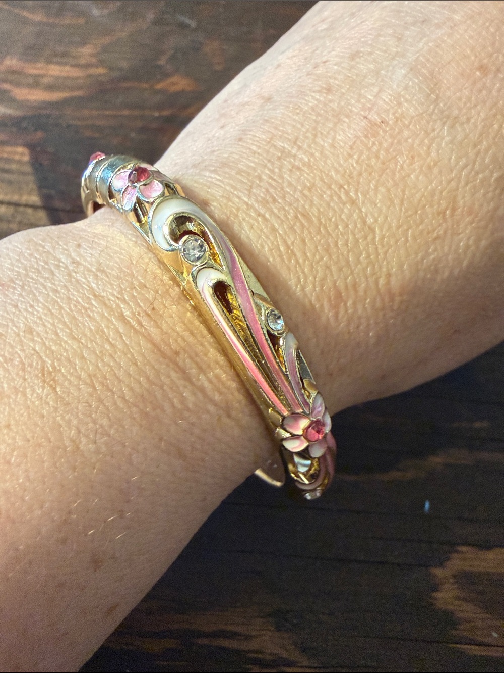 Gold Plated Enamel Flower Rhinestones Enamel Flower Rhinestone Bangle Bracelet